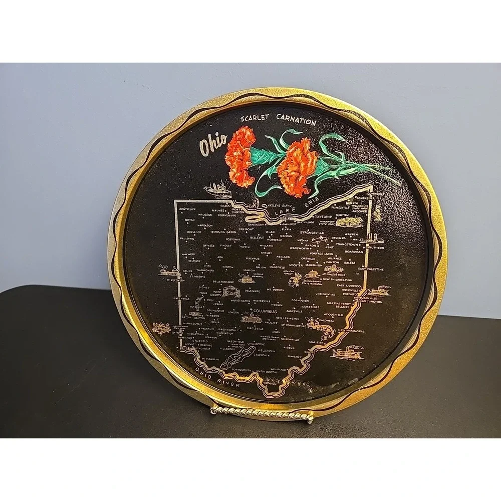 Vintage‎ Metal/Tin Souvenir Ohio State Tray State Flower Scarlet Carnation